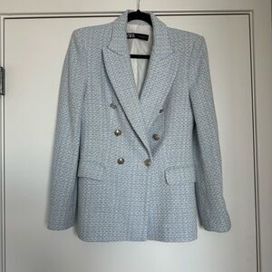 Zara Textured Double Breasted Blazer, White and Blue, Size M